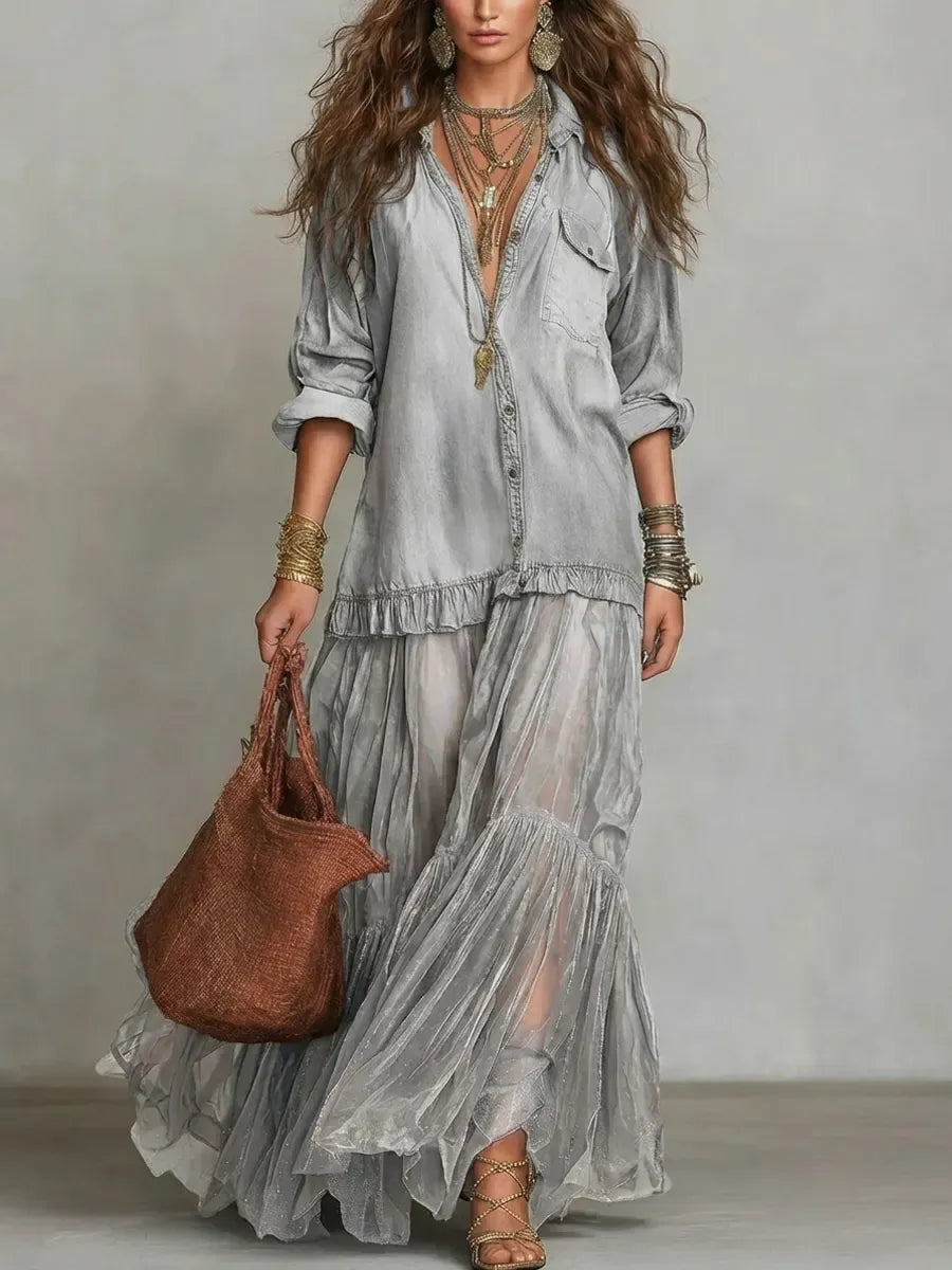 Boho Shirt Maxi Dress with Sheer Ruffle Skirt