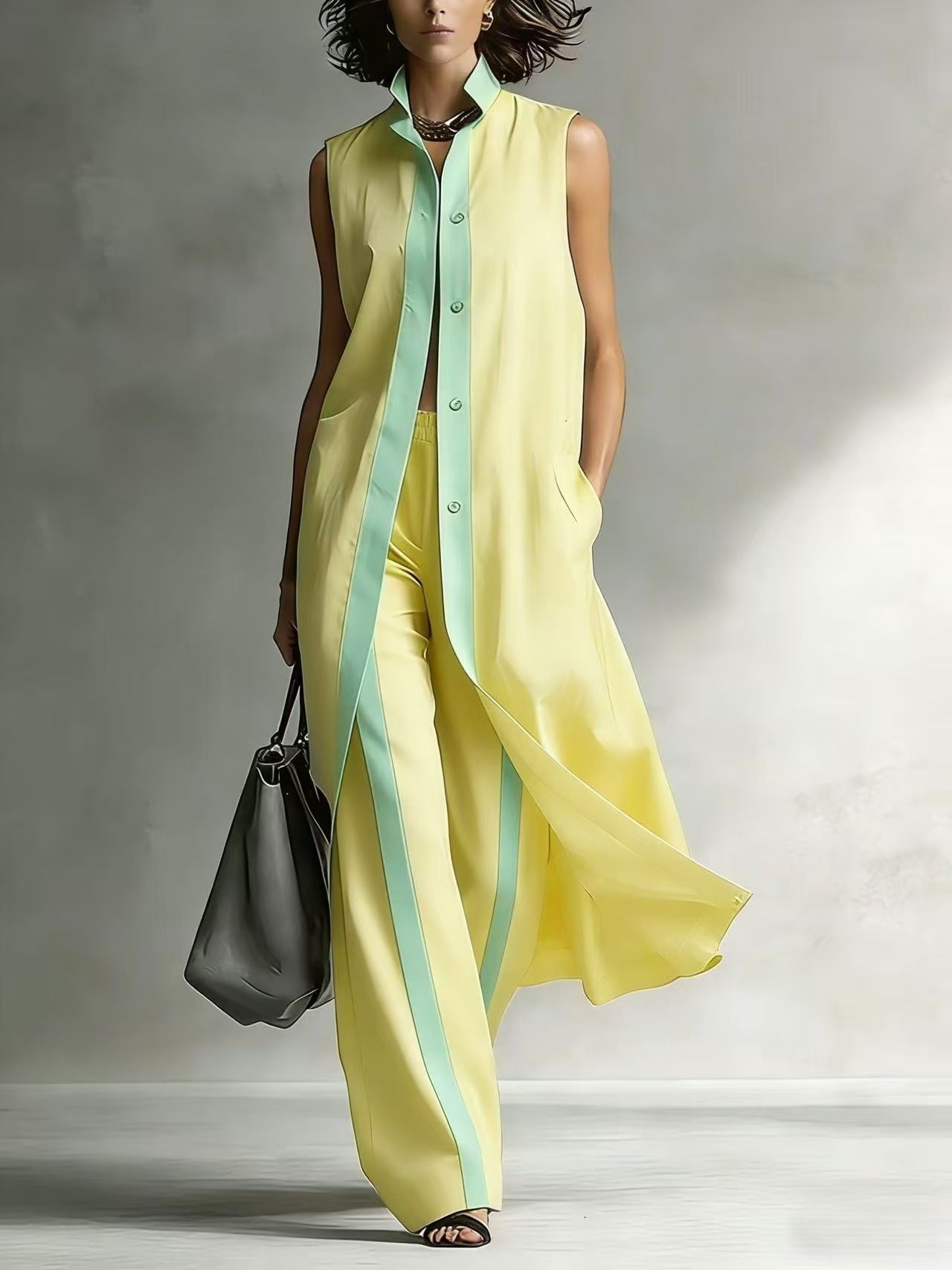 Contrast Sleeveless Tunic & Wide-Leg Pants Set Modern Sophistication, Effortless Tailored Style