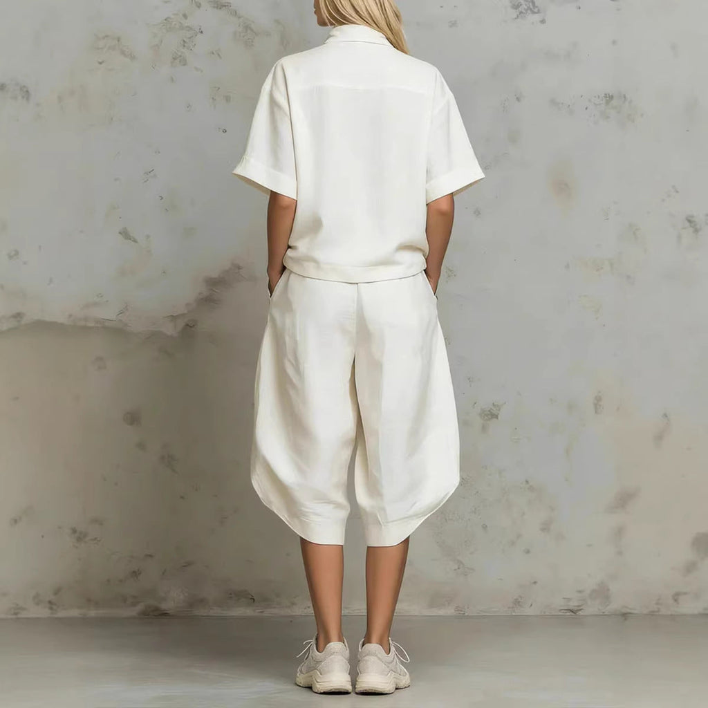 Linen Zip-Neck Top & Harem Culottes Set