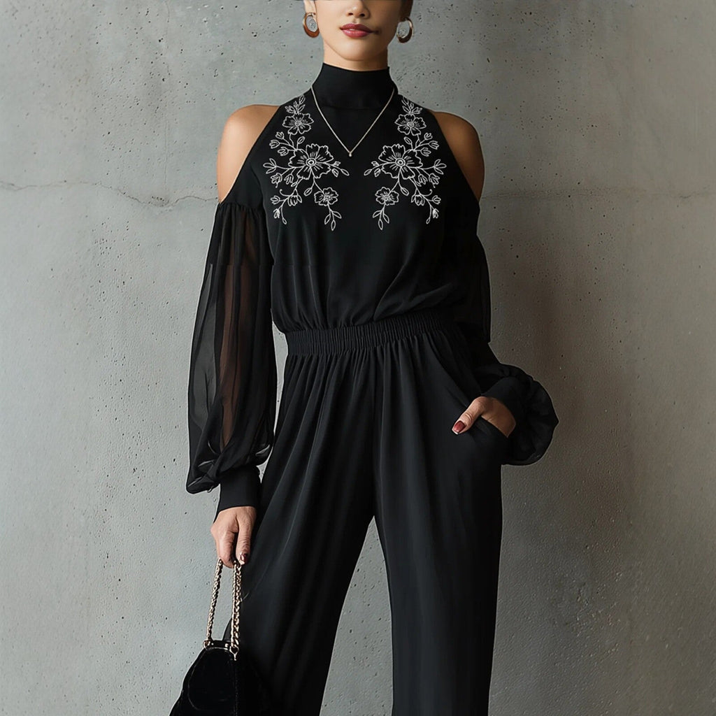 Black Embroidered Women'S Long-Sleeved Jumpsuit