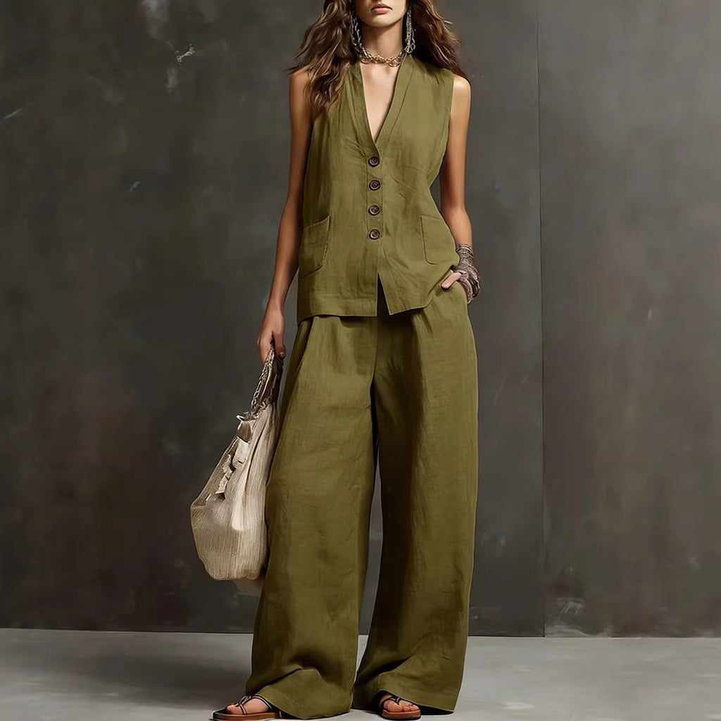 Linen Blend Sleeveless Vest & Wide-Leg Pants Set