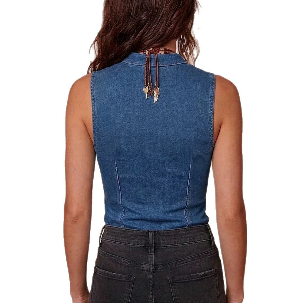 Semi-Sheer Mesh Denim Corset Top