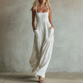 White Smocked Wide-Leg Jumpsuit