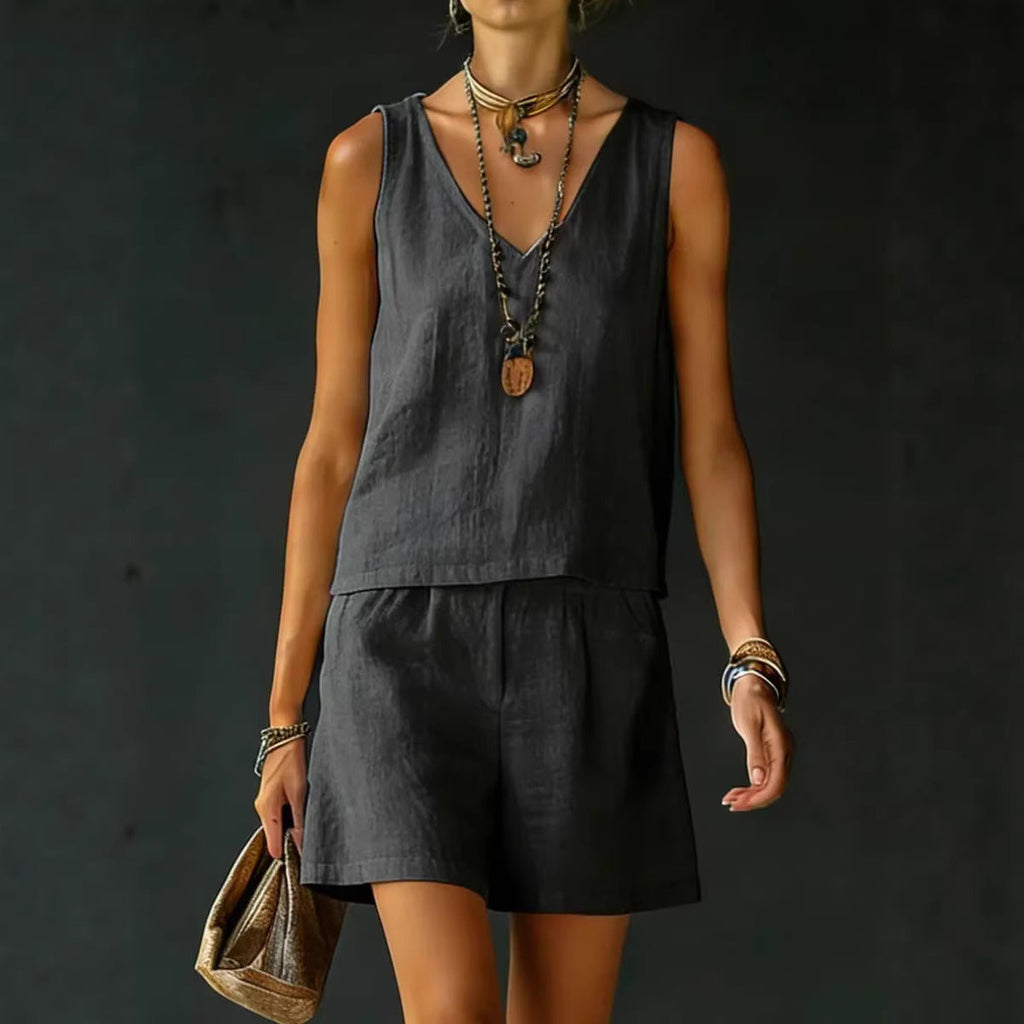 Casual V-Neck Sleeveless Top & Shorts Set