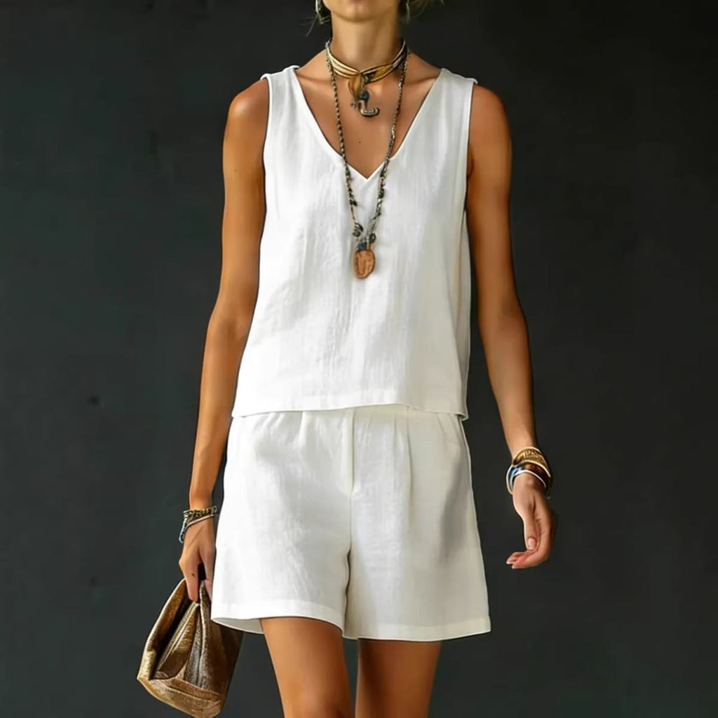 Casual V-Neck Sleeveless Top & Shorts Set