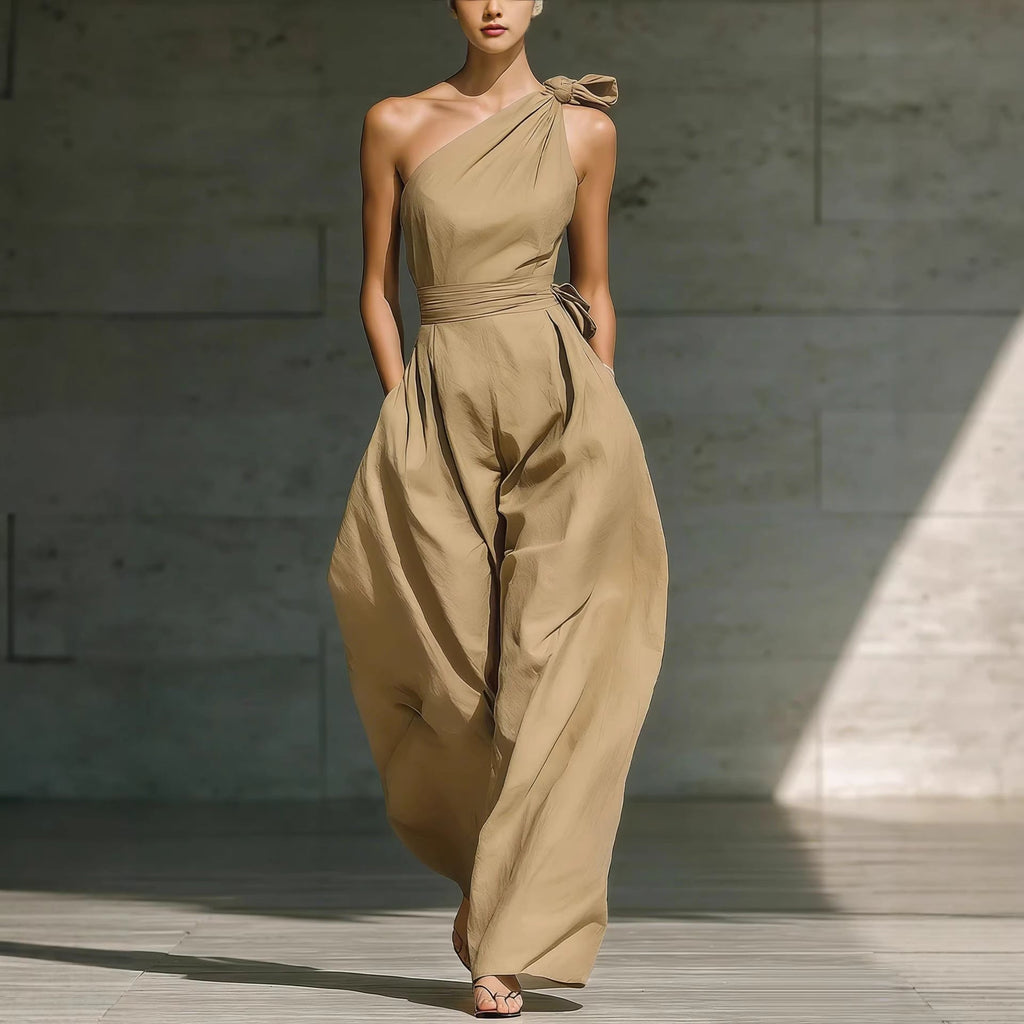Sleeveless Slanted Shoulder Waist Jumpsuit