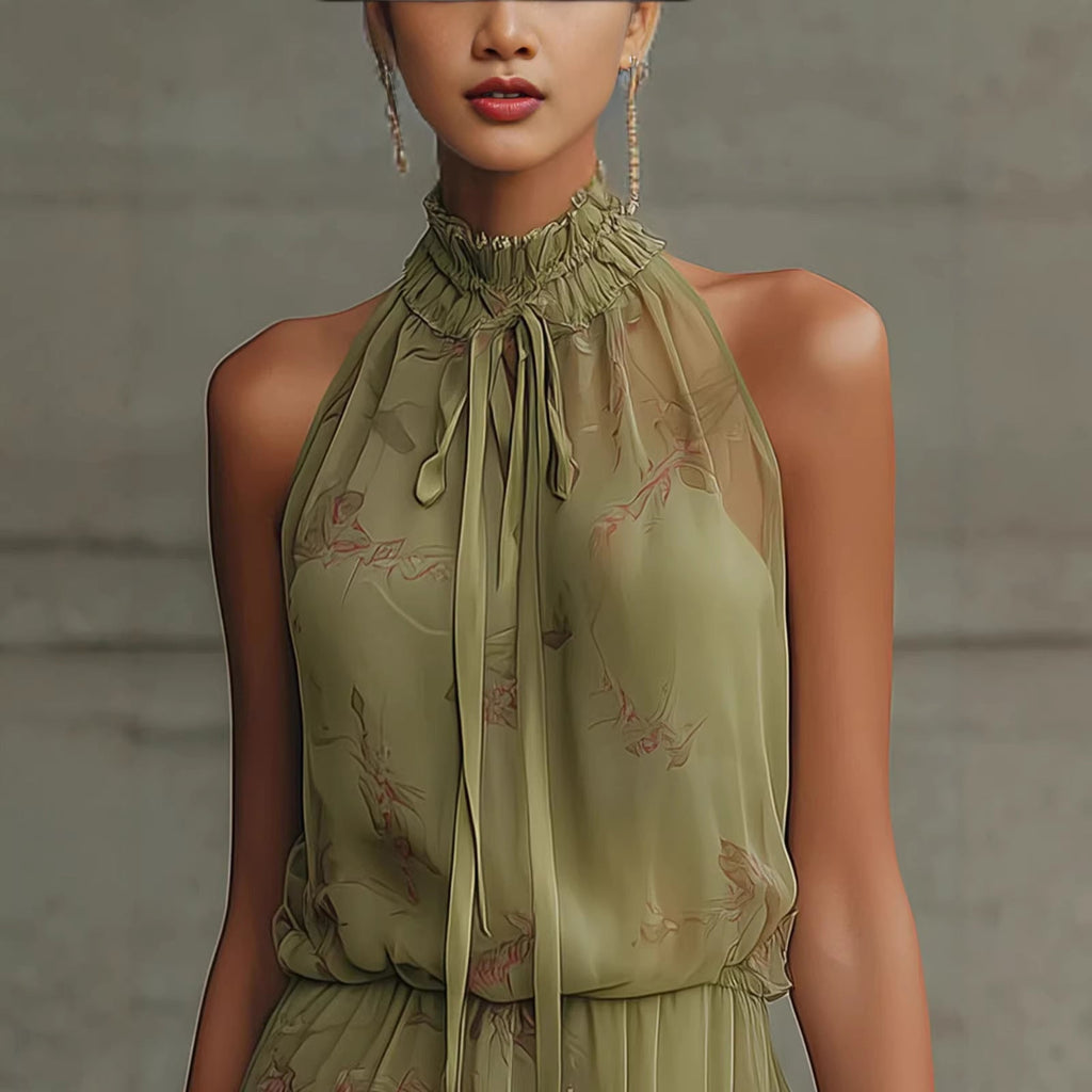 High-Neck Floral Chiffon Fringe Mini Dress