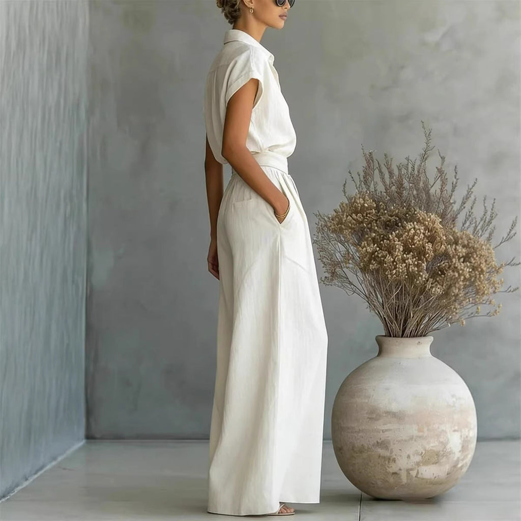 Spring And Summer Fashion Casual Solid Color Shirt Wide-Leg Pants Two-Piece Set