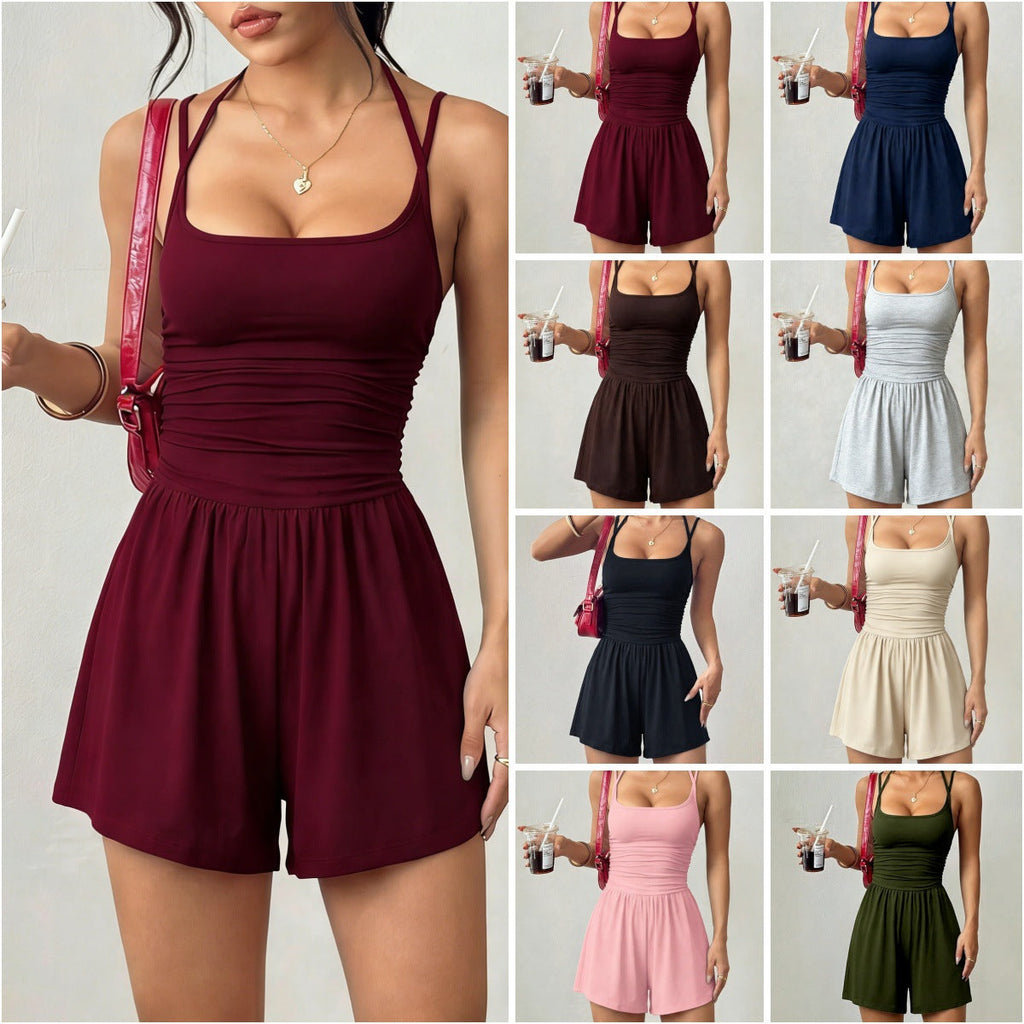 Flirla Women's Casual Pleated Loose Straight Leg Jumpsuit
