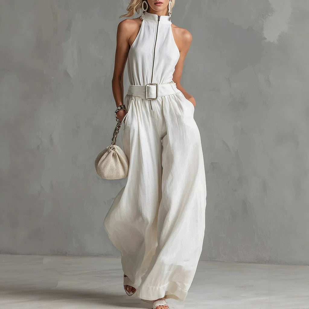 Women's White Linen-Blend Halter Wide-Leg Jumpsuit with Belt
