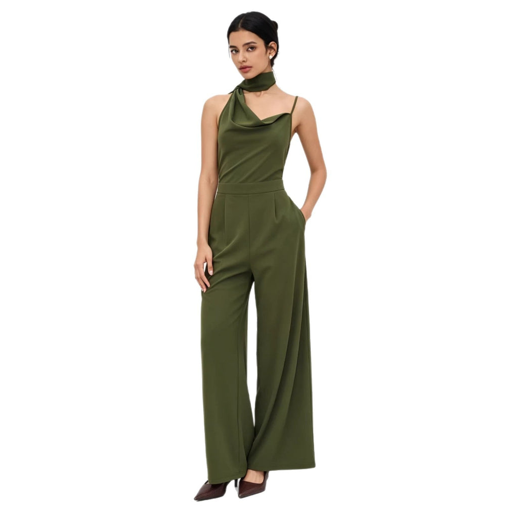 Elegant Olive Green Halter Wide-Leg Jumpsuit
