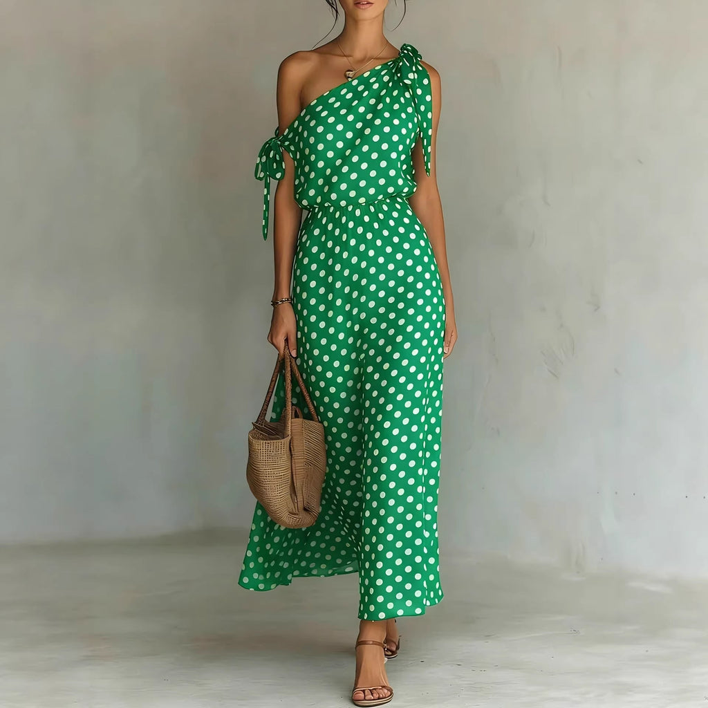 Women's Polka Dot One-Shoulder Maxi Dress