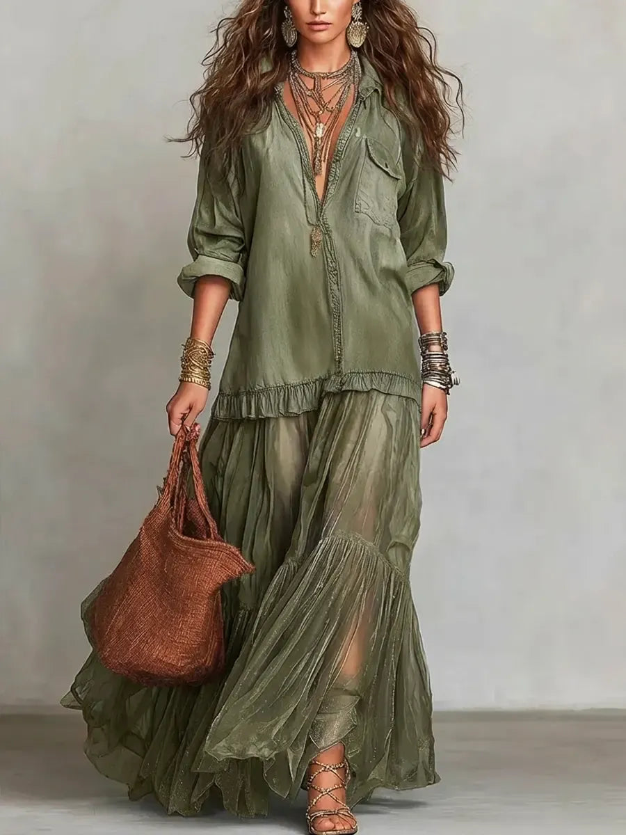 Boho Shirt Maxi Dress with Sheer Ruffle Skirt