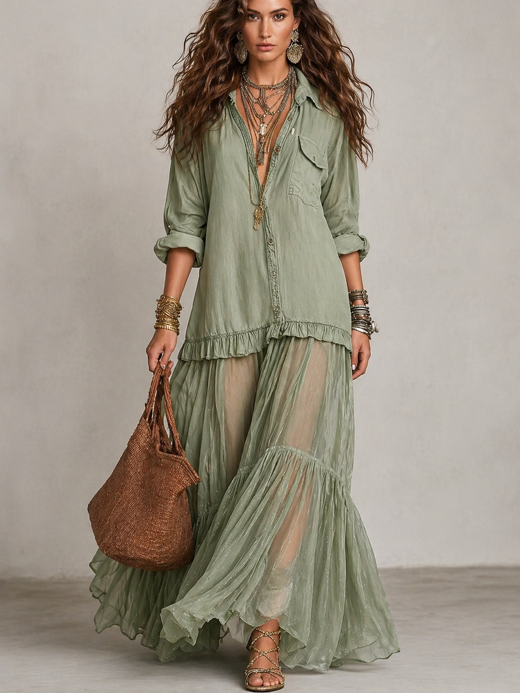 Boho Shirt Maxi Dress with Sheer Ruffle Skirt
