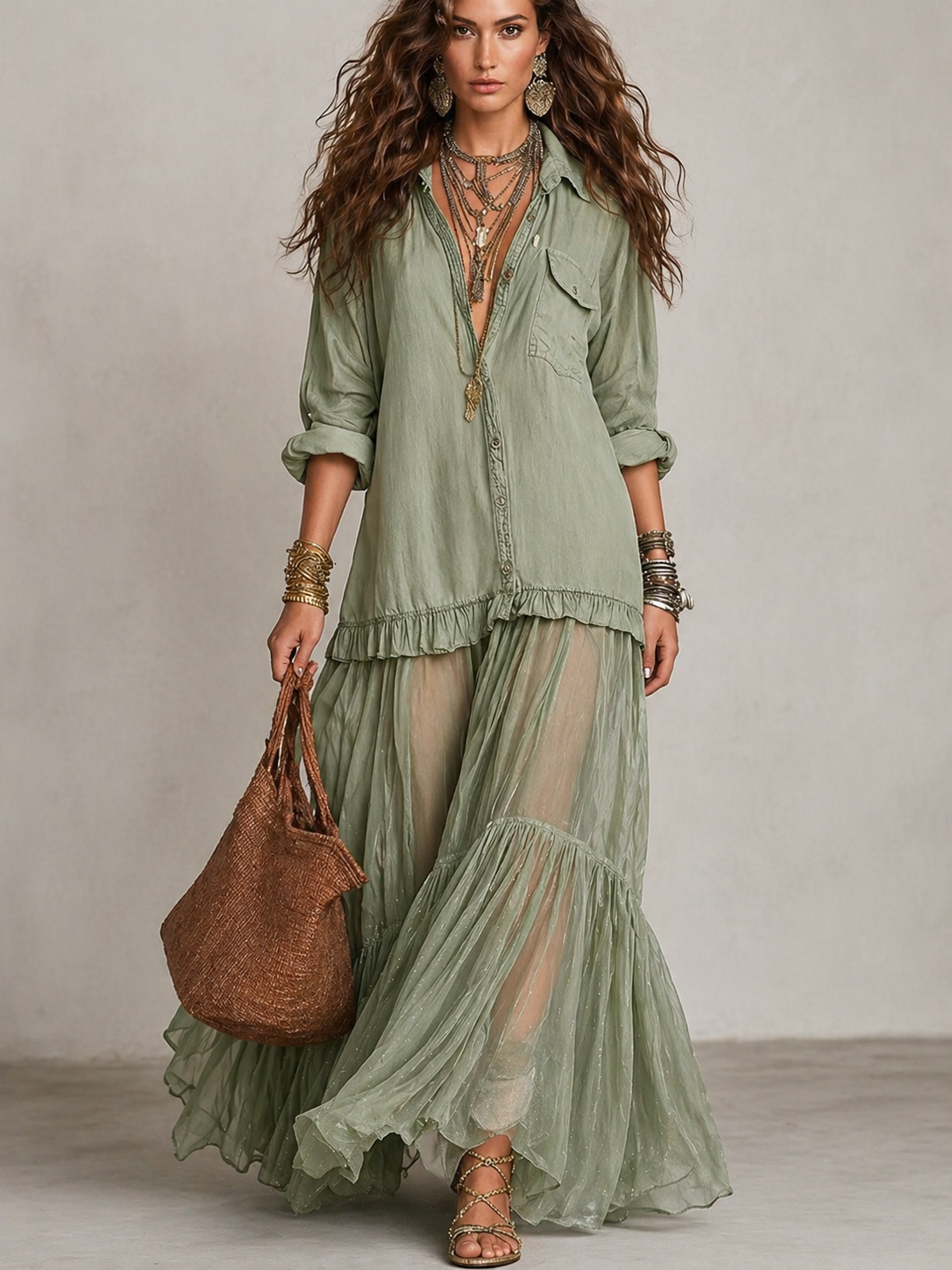Boho Shirt Maxi Dress with Sheer Ruffle Skirt