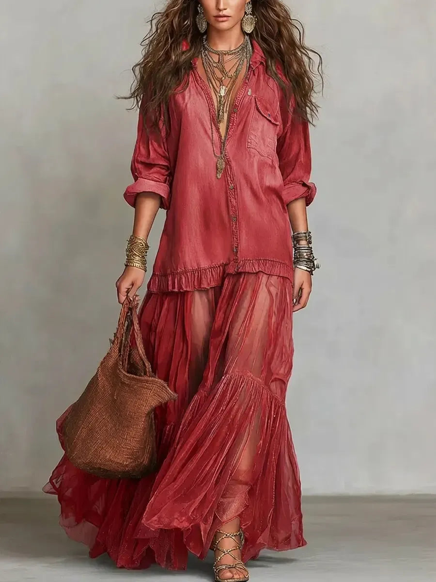 Boho Shirt Maxi Dress with Sheer Ruffle Skirt