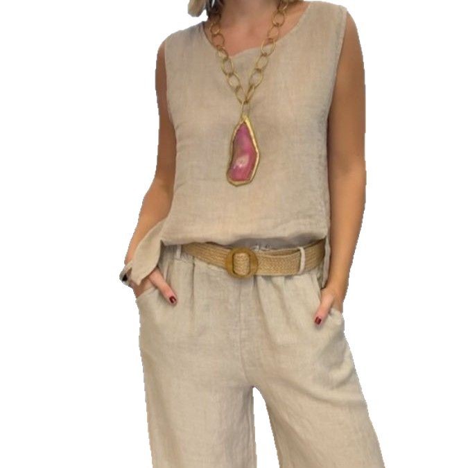 Women's Casual Round Neck Vest Cotton Linen Sleeveless Trousers Two-piece Suit
