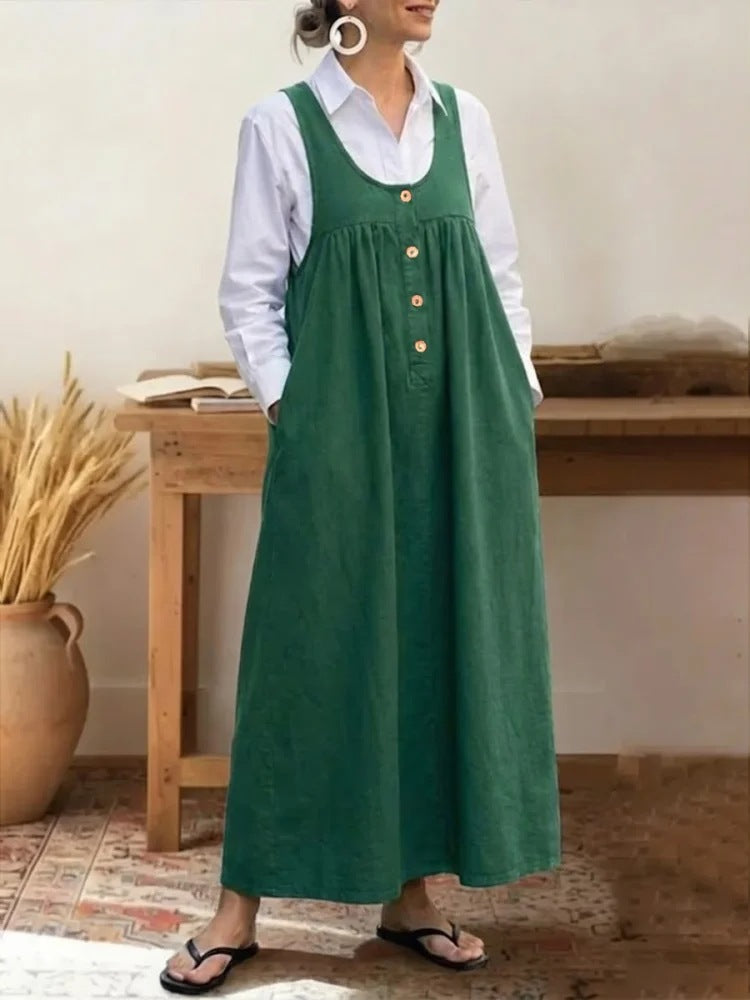 Loose Overalls Dress Casual U-neck Button Pockets Dresses Summer Spring Clothing