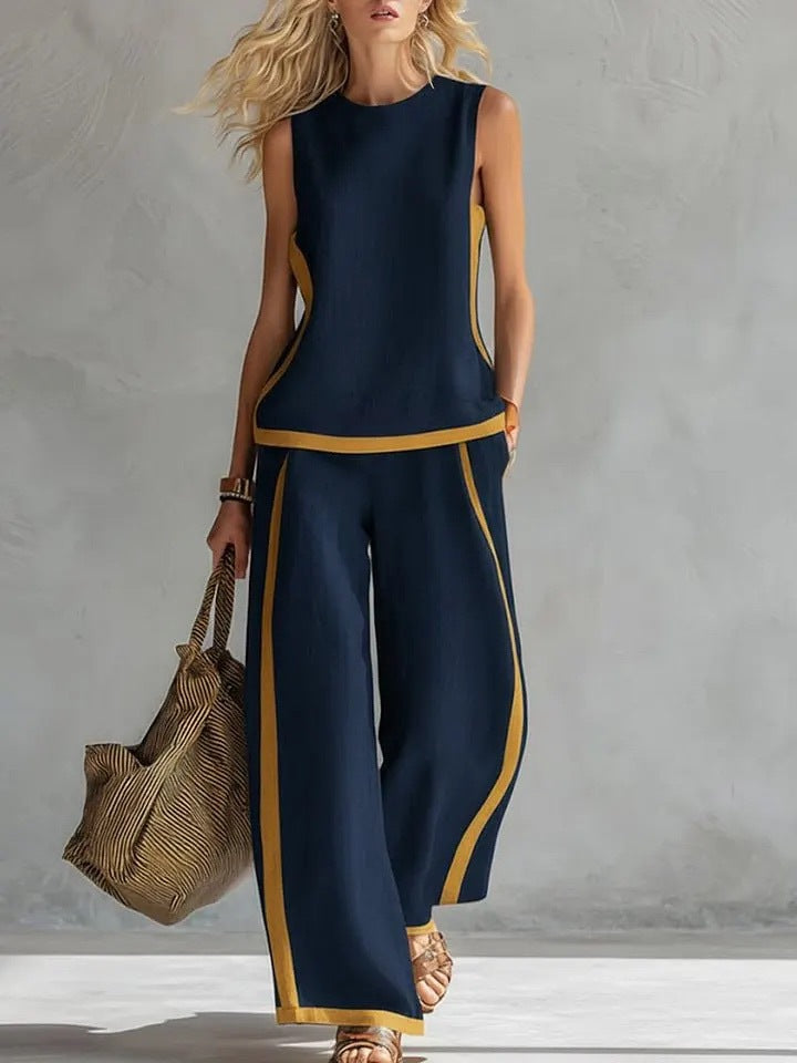 Round-neck Sleeveless Casual Loose Top And High-waist Loose Wide-leg Pants Set