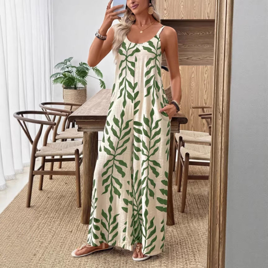 Womens Casual & Elegant V-Neck Jumpsuit With Tropical Leaf Print And Pockets For Women