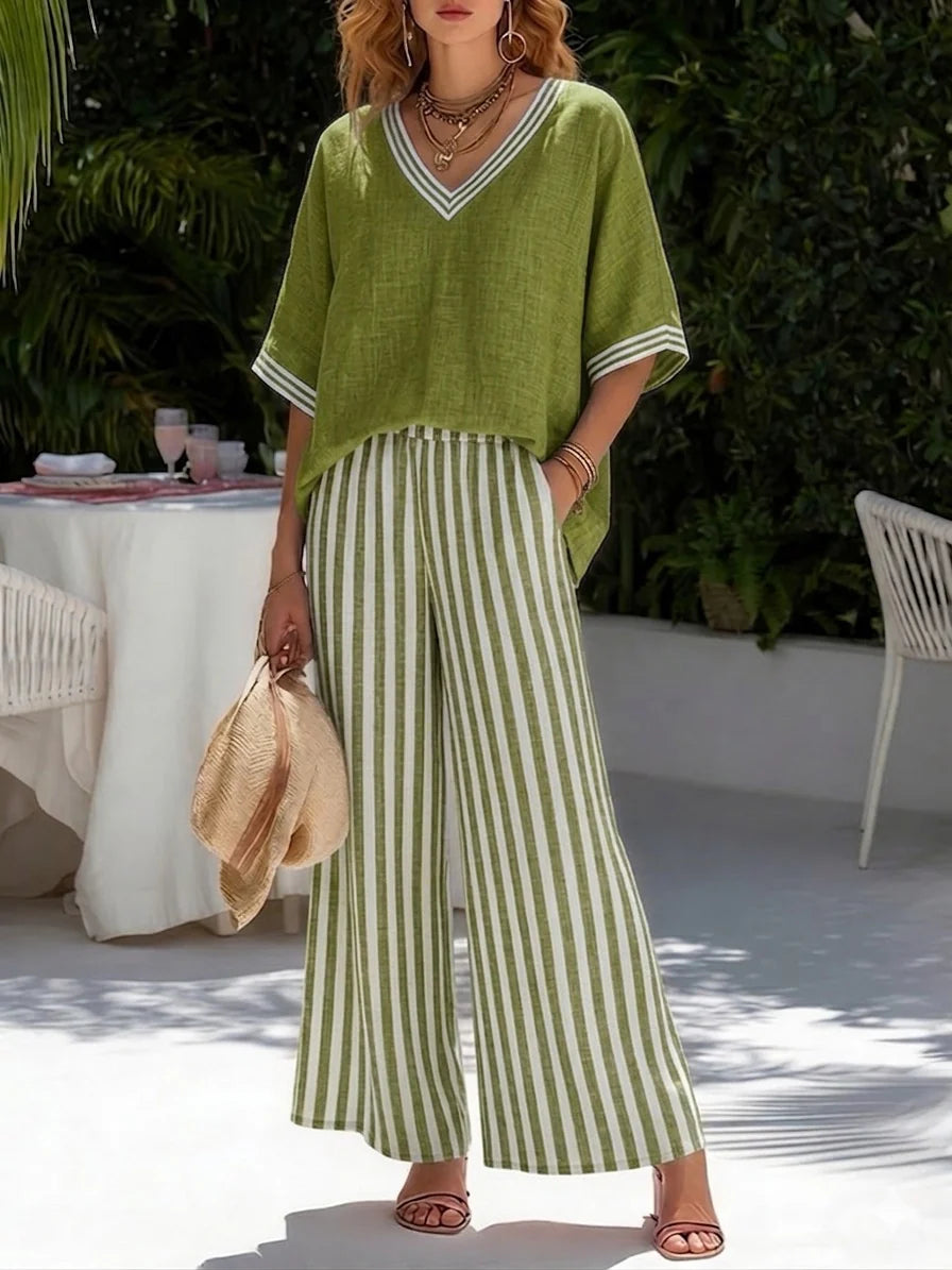Cozy Loose-fit V Neck Striped Cotton Linen Two-piece Set