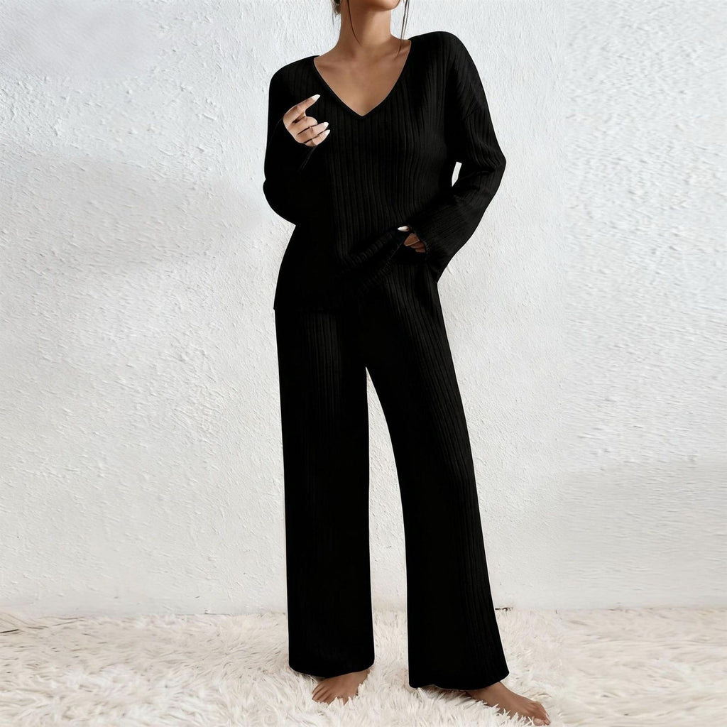 Long Sleeve V-neck Knitted Sunken Stripe Brushed Loose Leisure Suit