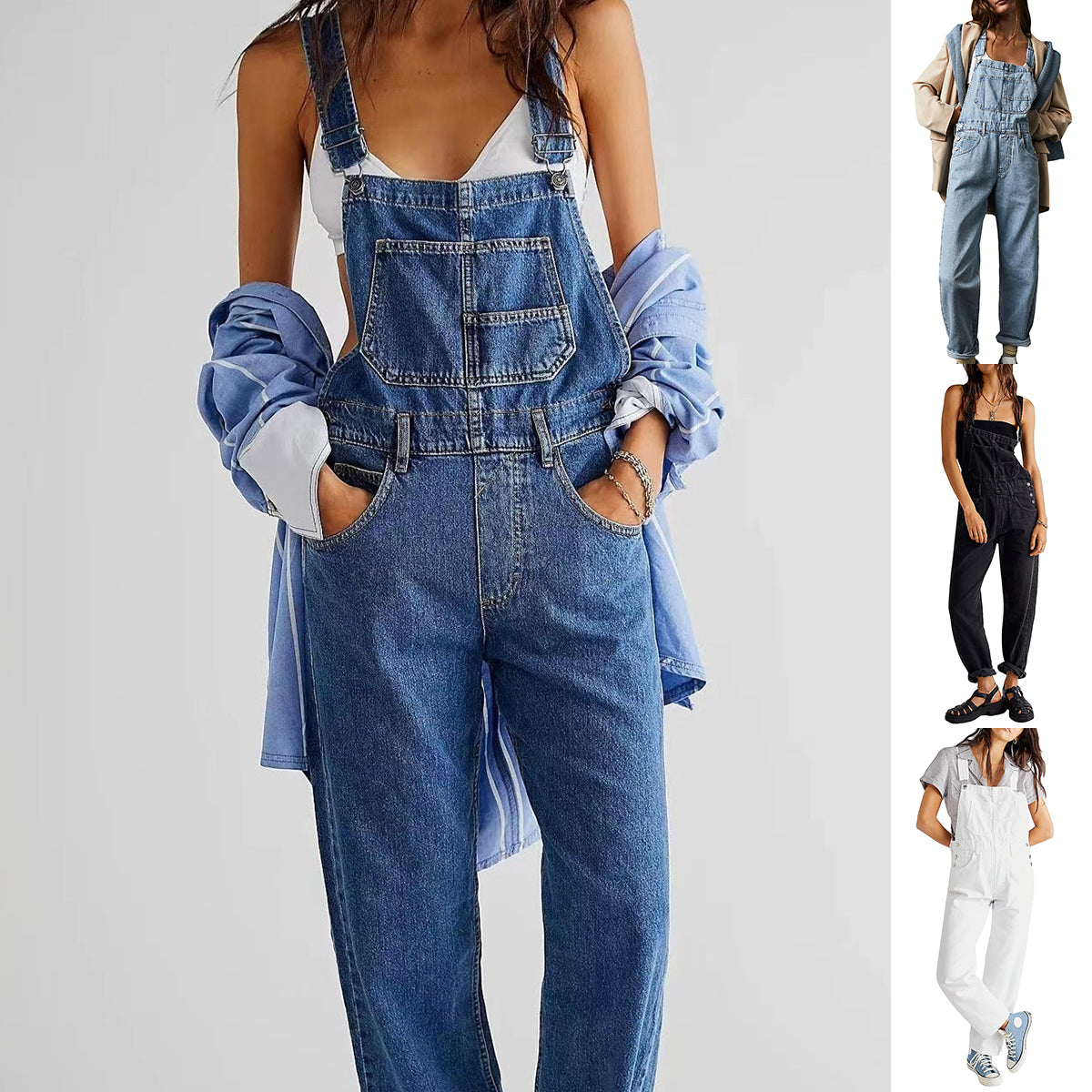 Women's High-Waisted Jumpsuit Overalls With Pockets Loose Fit Denim Trousers Casual Straight Leg Pants