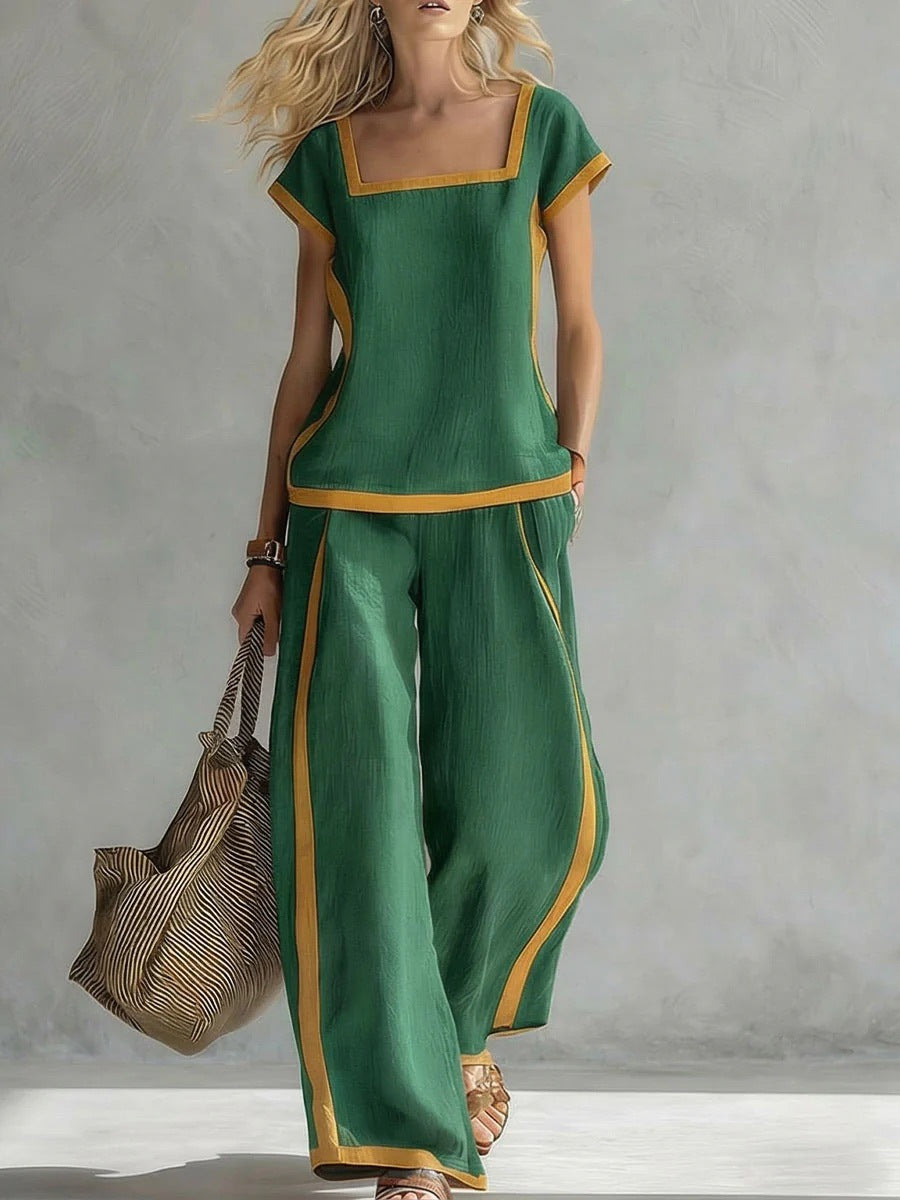 Womens Square-Neck Short-Sleeve Casual Loose Top And Pants Set