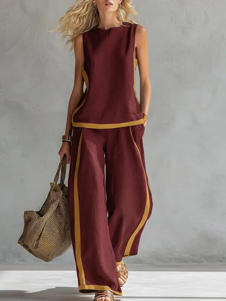 Round-neck Sleeveless Casual Loose Top And High-waist Loose Wide-leg Pants Set