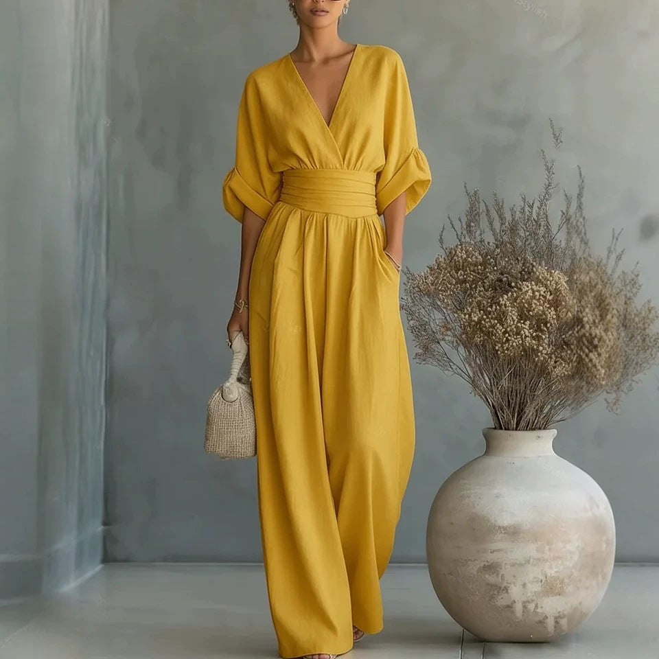 Summer Short-sleeved Jumpsuit Fashion Casual V-Neck Wide-Leg Pants Womens Clothing