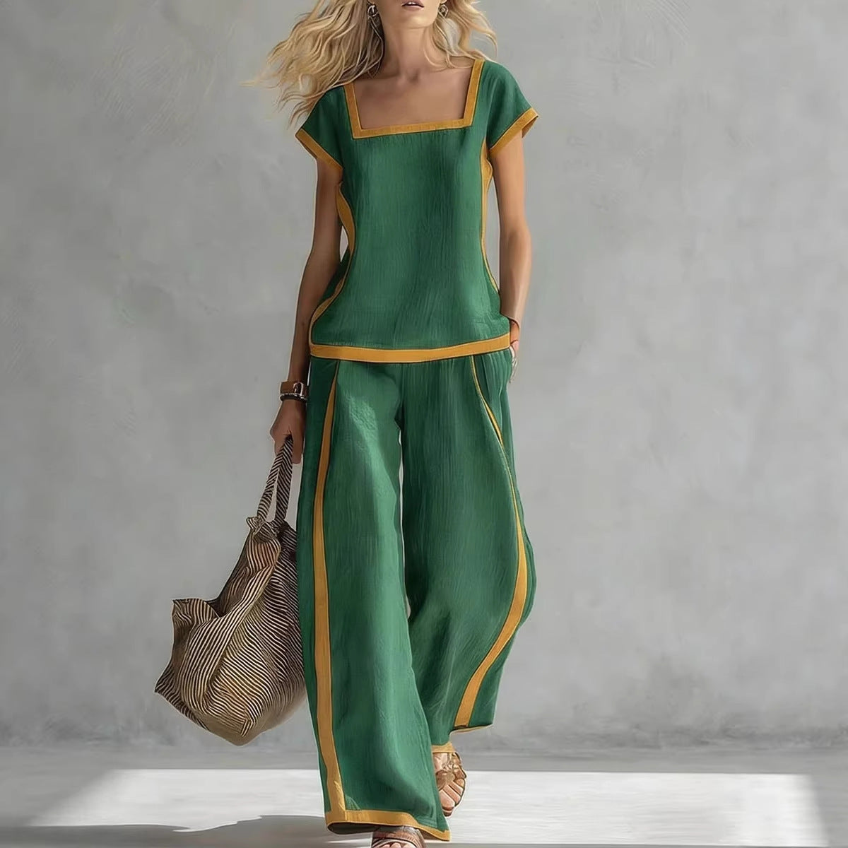 Womens Square-Neck Short-Sleeve Casual Loose Top And Pants Set