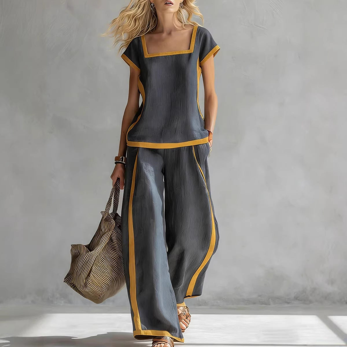 Womens Square-Neck Short-Sleeve Casual Loose Top And Pants Set