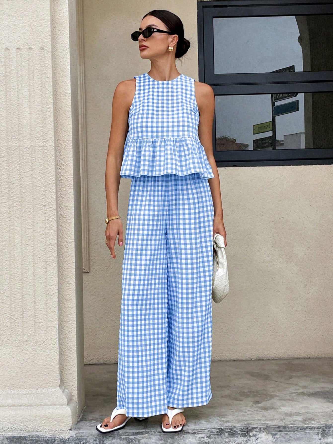 Womens Casual Crew-neck Sleeveless Top With Ruffled Hem And Straight-leg Pants