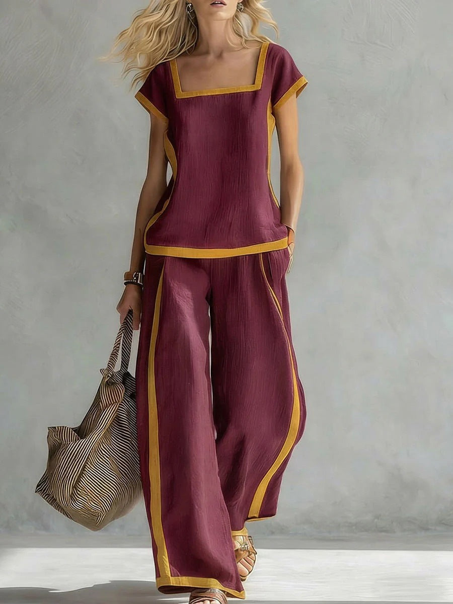 Womens Square-Neck Short-Sleeve Casual Loose Top And Pants Set