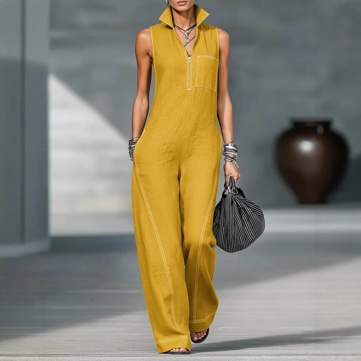 Stand-up Collar Jumpsuit With Pockets Summer Fashion Casual Sleeveless Jumpsuit Trousers Women's Clothing