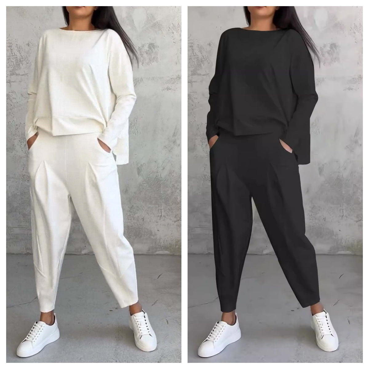 Women's Irregular Suit Long-sleeved Round Neck Top And Loose Harem Pants With Pockets Ins Fashion Trousers Set Women's Clothing
