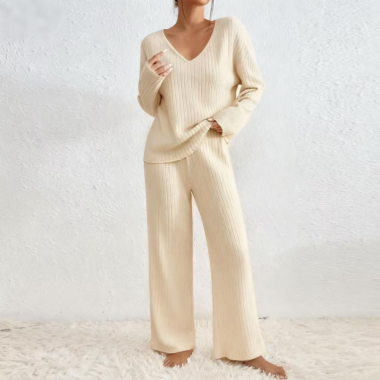 Long Sleeve V-neck Knitted Sunken Stripe Brushed Loose Leisure Suit
