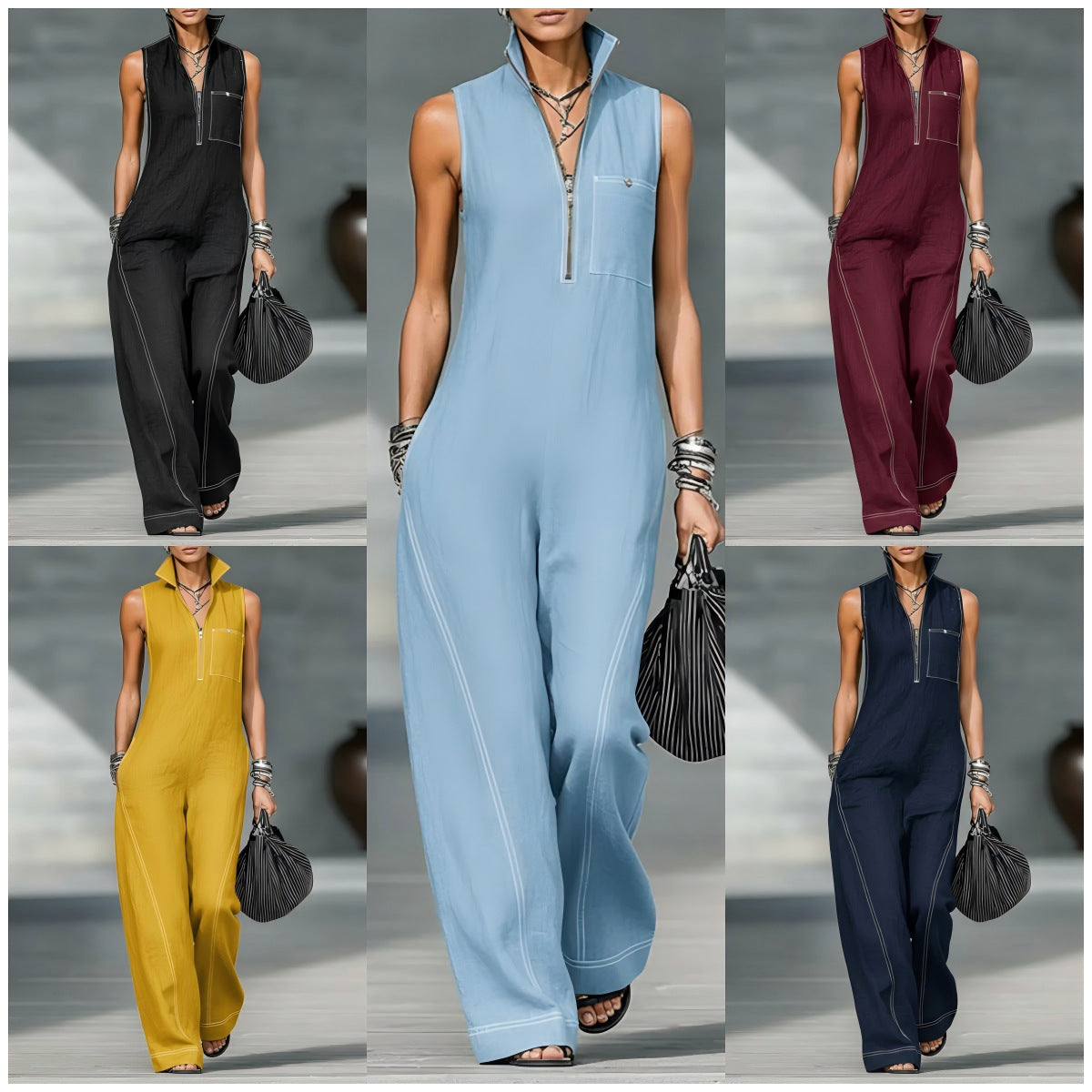 Stand-up Collar Jumpsuit With Pockets Summer Fashion Casual Sleeveless Jumpsuit Trousers Women's Clothing