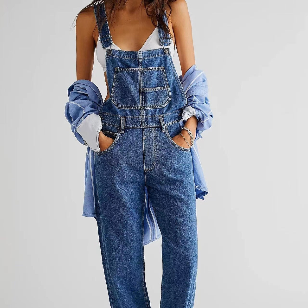 Women's High-Waisted Jumpsuit Overalls With Pockets Loose Fit Denim Trousers Casual Straight Leg Pants