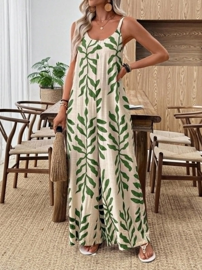 Womens Casual & Elegant V-Neck Jumpsuit With Tropical Leaf Print And Pockets For Women