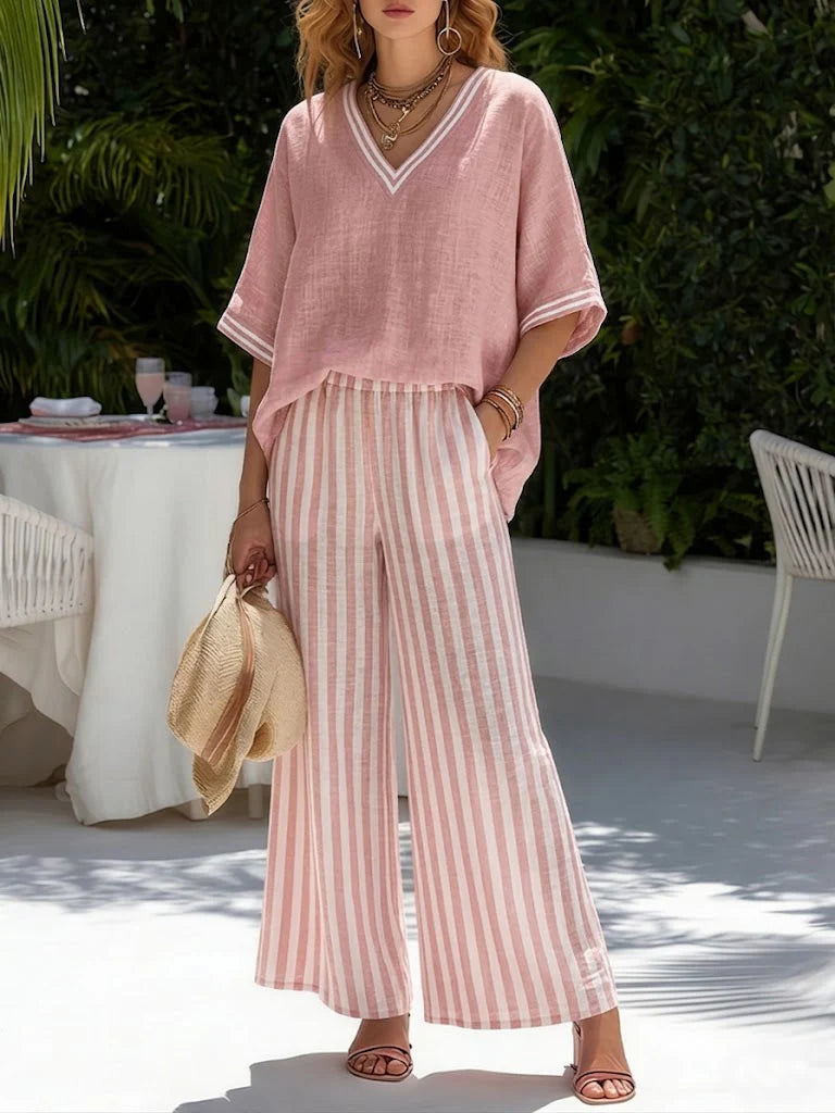 Cozy Loose-fit V Neck Striped Cotton Linen Two-piece Set