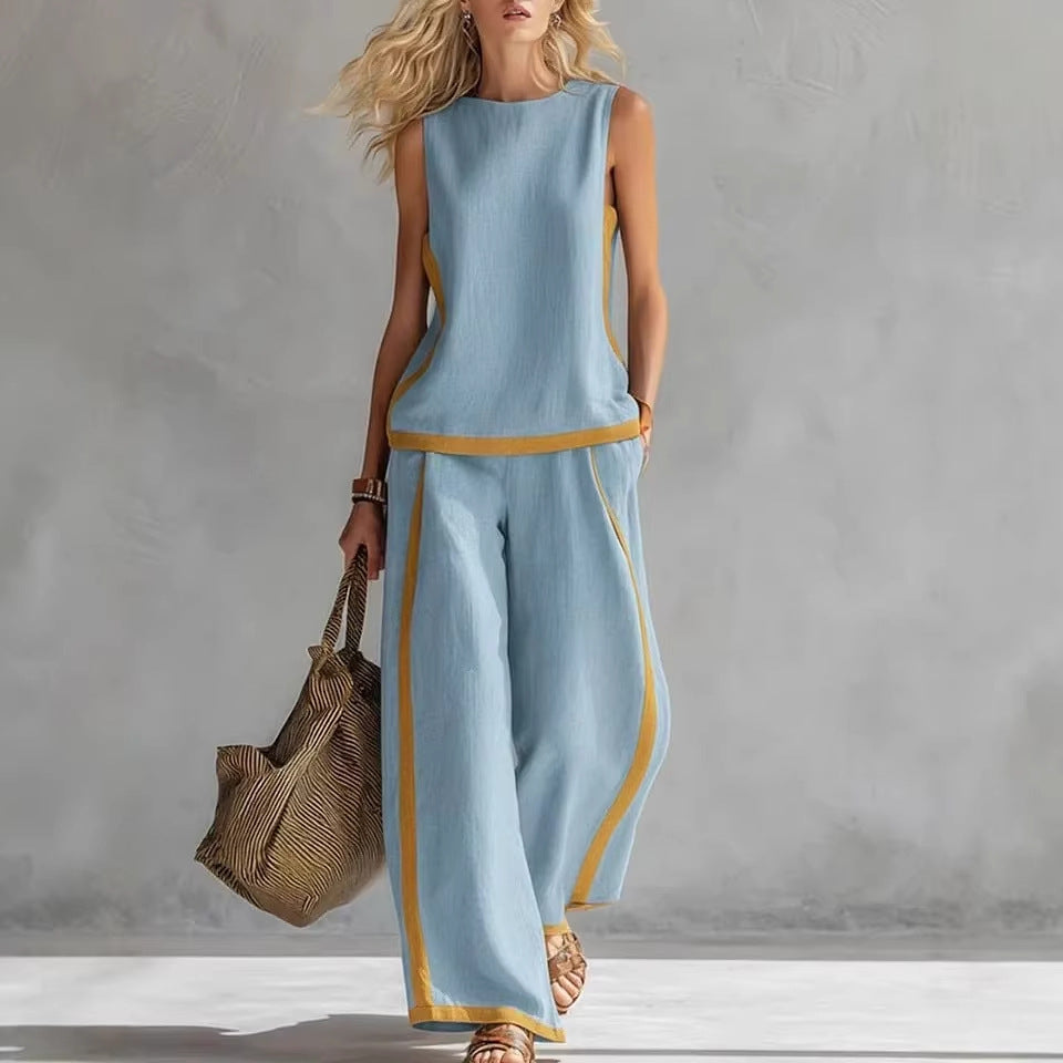 Round-neck Sleeveless Casual Loose Top And High-waist Loose Wide-leg Pants Set