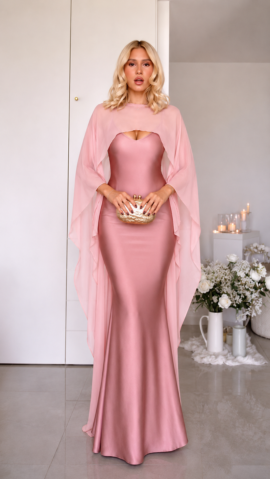 Satin Cape Gown Maxi Dress