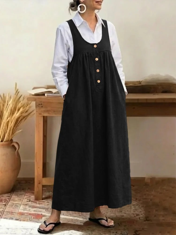 Loose Overalls Dress Casual U-neck Button Pockets Dresses Summer Spring Clothing