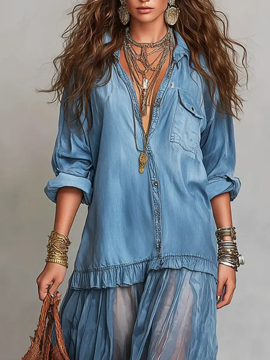 Boho Shirt Maxi Dress with Sheer Ruffle Skirt