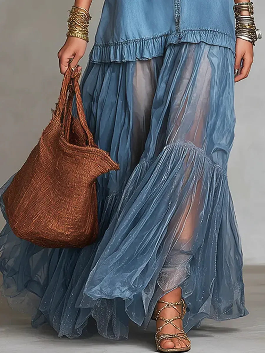 Boho Shirt Maxi Dress with Sheer Ruffle Skirt
