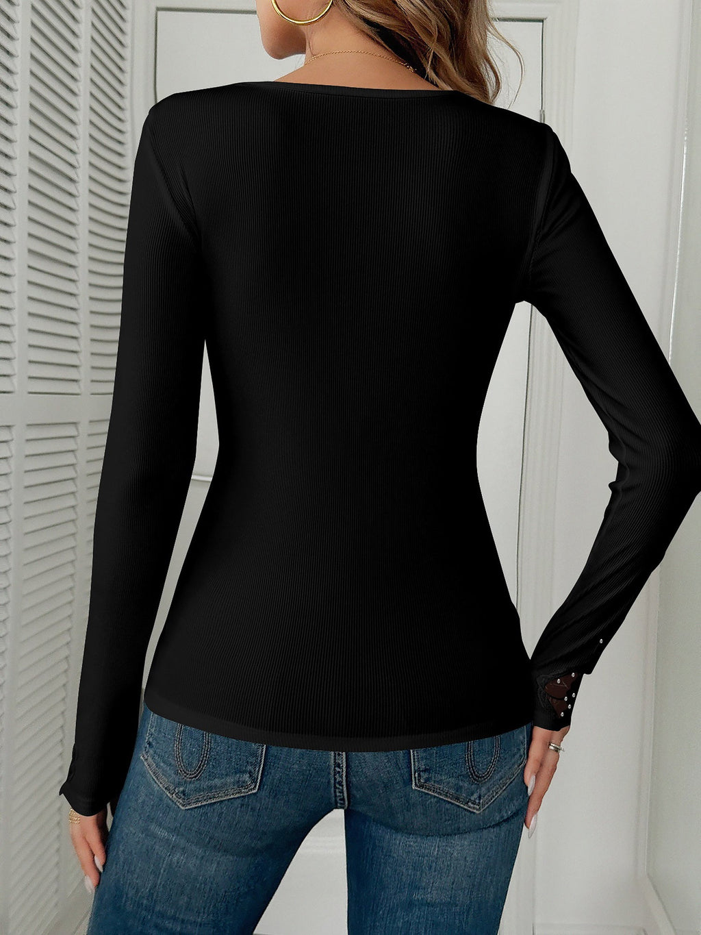 Lace Patchwork Rhinestone Decor Long Sleeves Top